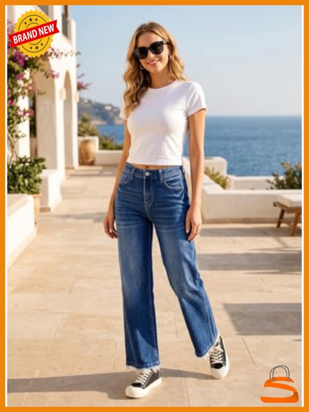 High Waisted Flared Jeans Raw Hem Stretchy Denim Pants - Picture 4 of 6